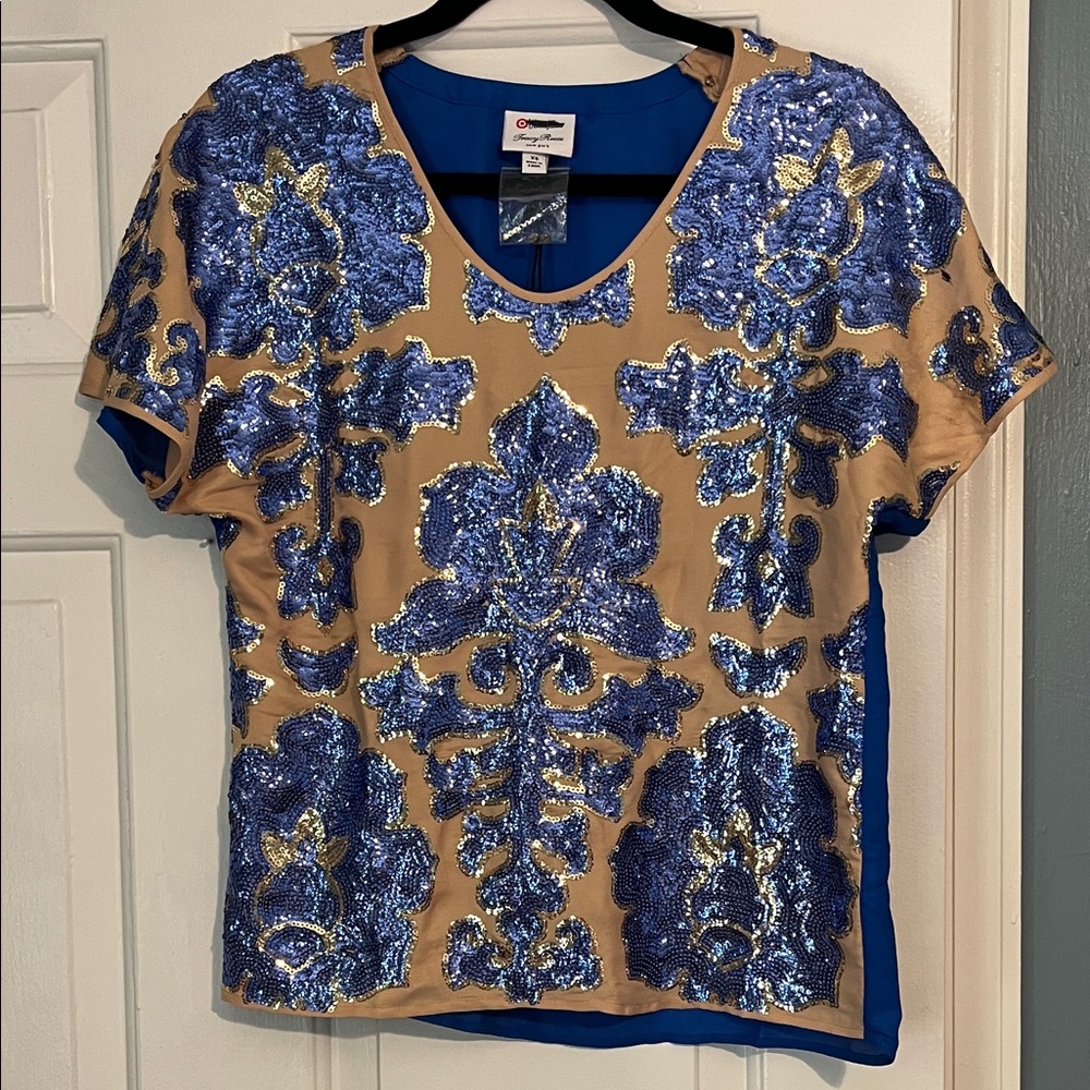 Tracy Reese Blue and Tan Sequin Blouse